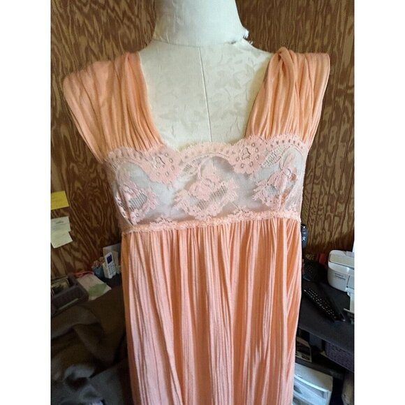 Vintage Annique by Rosa Puleo Szule Peach Maxi Crinkle Fabric Nightgown Sz S - Picture 4 of 7